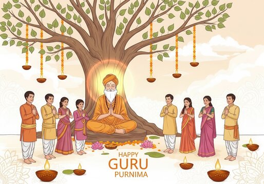 Happy guru purnima celebration with traditional offerings and decorations. Indian Festivals and Events Celebrating Guru Purnima