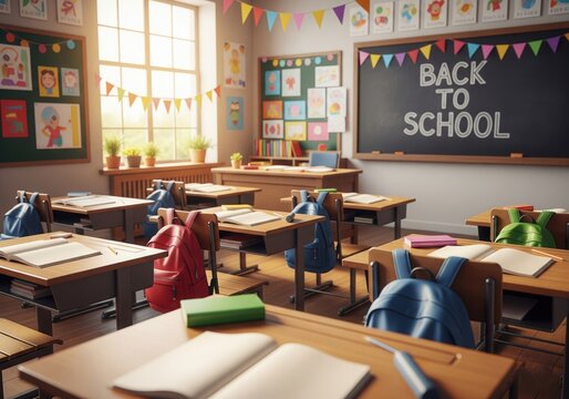 Back to school concept, A green chalkboard with the words back to school written on it, school office supplies A backpack is on the right side of the board.