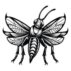 Detailed Black and White Illustration of a Wasp with Intricate Wing Veins and Segmented Body Design