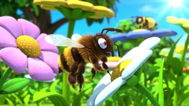 Cartoon bumblebee flies amidst colorful flowers