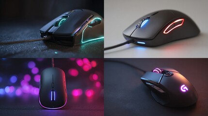 Four sleek wired computer mice, each illuminated with vibrant RGB lighting