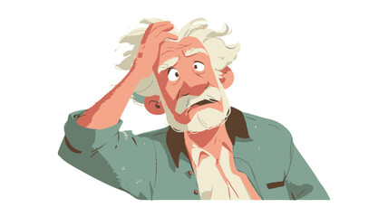A digital illustration of an elderly man with white hair and a beard, depicted from the chest up against a white background. He has a worried and confused expression, with his hand on his head. 