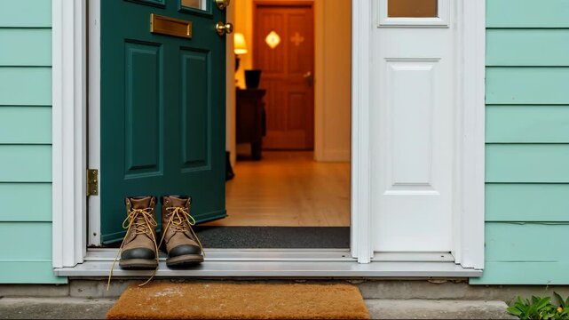 Work boots on doormat at open front door of house. Concept of coming home, new beginnings or moving day. For real estate or moving services banner. Horizontal banner with copy space