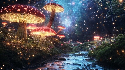 Illuminated mushrooms by a stream in a mystical forest.