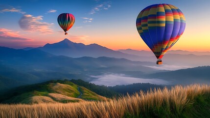Naklejka premium Colorful hot air balloons soaring over mountainous landscape at dawn, view from grassy hilltop