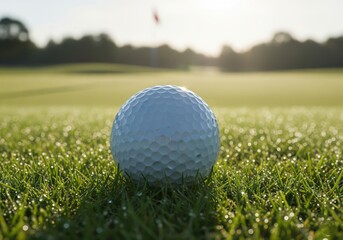 Obraz premium A white golf ball is sitting on the grass. The grass is green and wet. The ball is in the middle of the field
