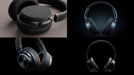 Four different views of black headphones. One in a close up, the rest in front view