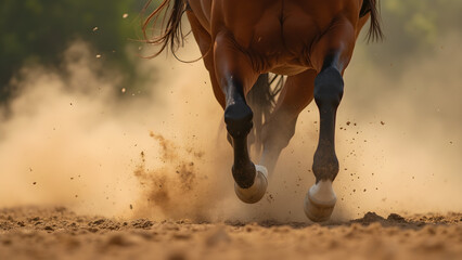 Dust rising from horse hooves during gallop. Equestrian events and horse racing dust effects. Capturing ultra-realistic horse movement. Photography of galloping horses and dust.