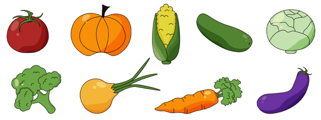 Set vector vegetables isolated transparent background. Autumn harvest includes pumpkin tomatoes cabbage broccoli carrot corn and eggplant. EPS 10
