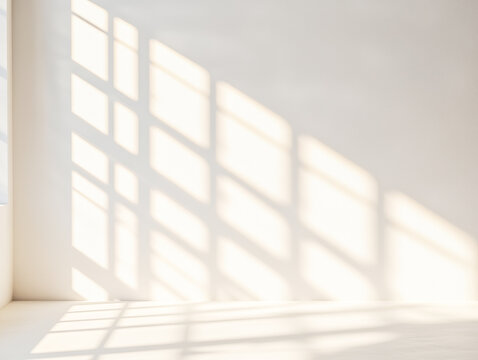 Soft light beams create geometric pattern on white wall and floor, casting serene and minimalist atmosphere in room