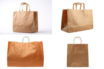 Four brown paper shopping bags, two upright, two slightly crumpled, showcasing variations in shape and fullness against a plain white backdrop