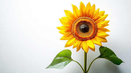 Obraz premium Vibrant sunflower with bright yellow petals and detailed center stands against clean white background, evoking sense of cheerfulness and simplicity