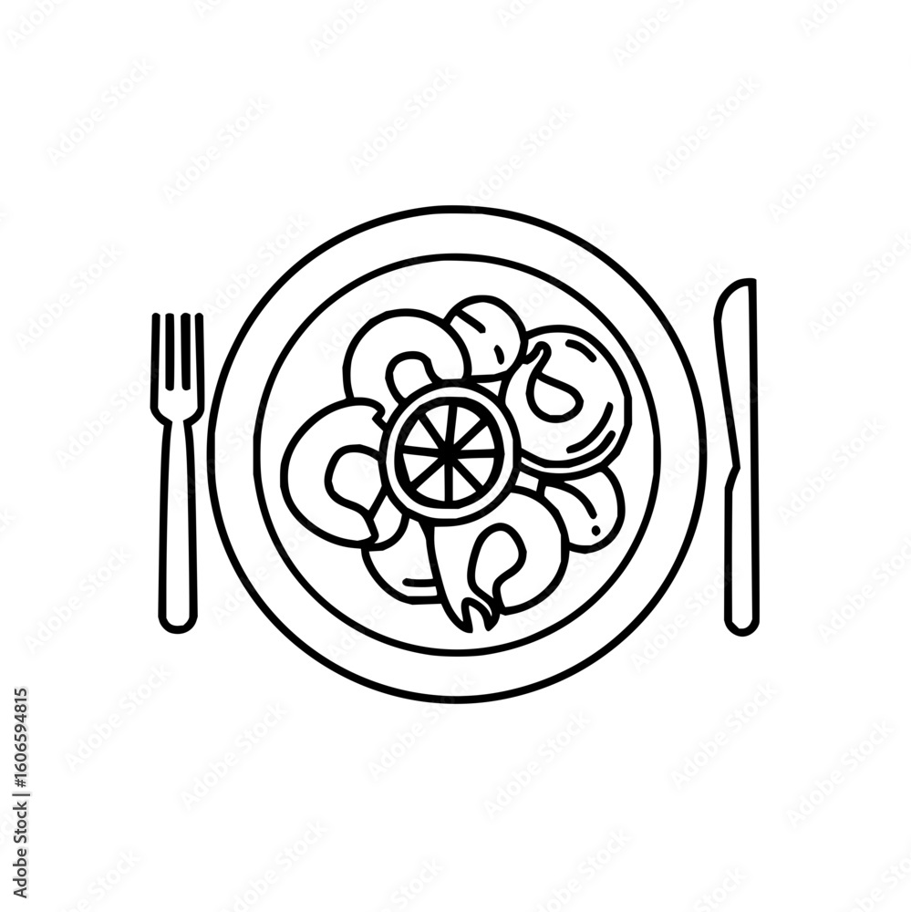 Poster outline drawing of a plate with shrimp and a lemon slice served with a fork and knife on a white bac