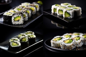 Four distinct close-up shots feature avocado sushi rolls artfully arranged on dark plates