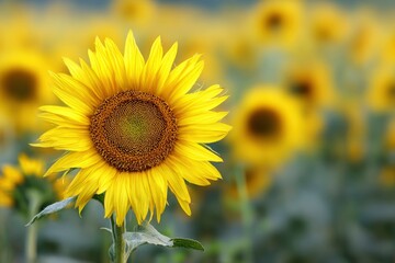 Fototapeta premium A vibrant sunflower stands out against a blurred field of sunflowers showcasing its bright yellow petals and detailed center