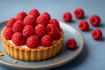 Raspberry Tart on Blue Plate with Cream Filling and Fresh Berries