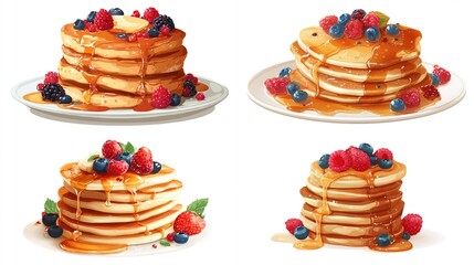 Delightful illustration of golden pancakes, stacked high, drizzled with syrup, and adorned with berries