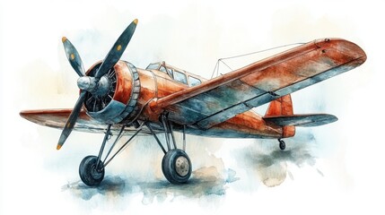 Vintage airplane watercolor art depicting classic aviation design. National Aviation Day