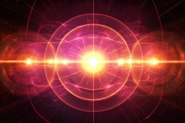 Obraz premium An abstract image depicting a radiant, glowing energy core with concentric circles and linear streaks of light in warm, crimson and orange hues against a dark background, 