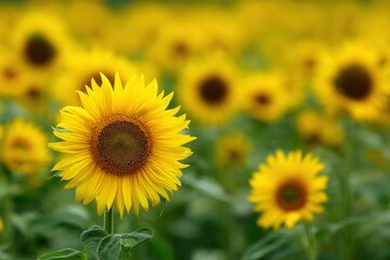 Fototapeta premium A vibrant sunflower in focus stands out in a field of sunflowers creating a blurred golden backdrop