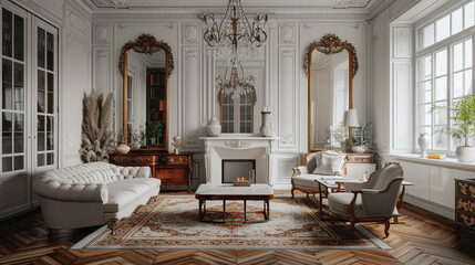 Vintage Parisian-style living room with herringbone wood floors, ornate fireplace, antique mirrors, and classic chandelier.