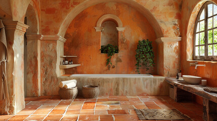 Warm Mediterranean bathroom with arched niches, clay tile flooring, and stucco textures.