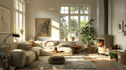 Warm Scandinavian living room with neutral palette, sheepskin rug, hygge textures, and wood-burning stove.