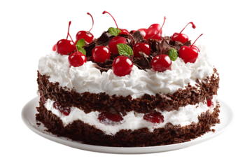 A whole black forest cake beautifully decorated with cherries and cream on transparent background