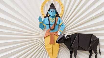 Colorful Origami Lord Krishna with Cow on Textured Paper Background