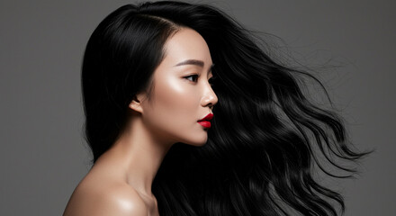 Fototapeta premium Elegant Asian Woman with Flowing Black Hair – Side Profile Beauty Shot