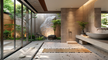 Zen-inspired bathroom with tatami mat flooring, stone basin, and shoji sliding door.