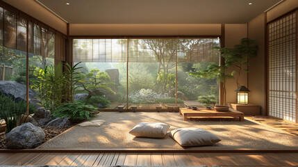 Zen-inspired living space with tatami flooring, bamboo accents, low furniture, and panoramic garden view.