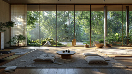 Zen-inspired living space with tatami flooring, bamboo accents, low furniture, and panoramic garden view.