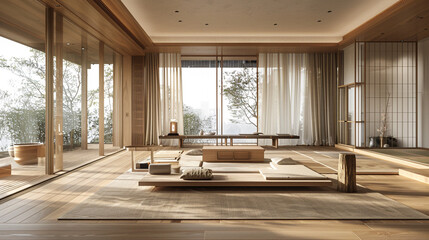 Zen-inspired modern living room with light oak floors, matching curtains, tatami-style rug, and minimalist wooden furniture.