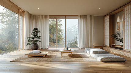Zen-inspired modern living room with light oak floors, matching curtains, tatami-style rug, and minimalist wooden furniture.