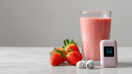 Fresh smoothie next to health tracker and earbuds