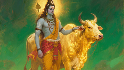 Divine Figure with Cattle in Traditional Attire with Golden Highlights on a Vibrant Green Background