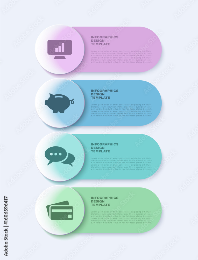 Poster glass morphism vertical infographic template. transparent infographic layout design with 4 steps pro