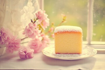 Naklejka premium A delicate square of pound cake, dusted with powdered sugar, rests on a pretty plate beside a bouquet of soft pink blossoms, set against a sunlit window