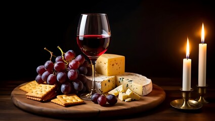 Red wine and cheese still life with grapes, bread and gourmet appetizers on a board