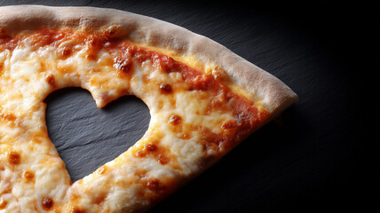 Pizza slice with heart shaped cutout on dark stone slate background, concept for love of food or romantic dining
