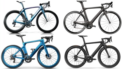 Four modern road bikes in various colors. Two blue, two black, carbon fiber frames
