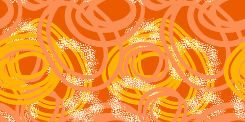 Seamless vector pattern with abstract hand drawn circles in yellow, orange and coral tones. Dynamic, energetic brush strokes create a modern artistic design, perfect for textiles, packaging, wallpaper