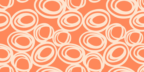 Seamless abstract pattern featuring hand drawn circular shapes on a coral, orange background. Plain ornament print for modern textiles, gift wrapping, wallpapers, branding, and stationery design.