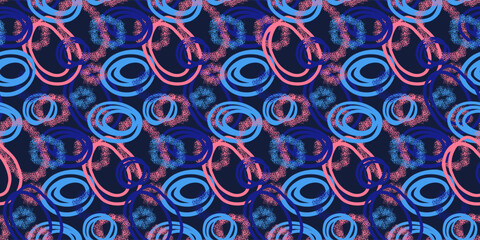 Dynamic seamless abstract pattern featuring overlapping circles in blue and pink shades with dotted textures on a dark navy background. Ideal for modern designs, fabric prints, and digital projects