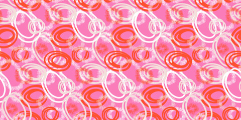 Modern abstract vector pattern featuring dynamic overlapping circles with dotted textures in orange and white on a bright pink  background. Artistic and energetic design for textiles, wallpapers