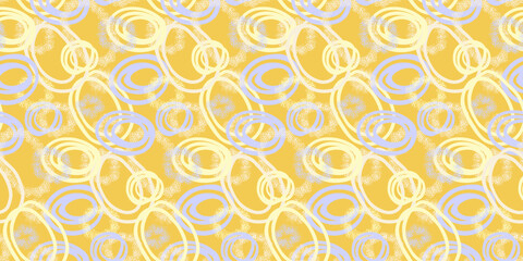 Modern abstract vector pattern featuring dynamic overlapping circles with dotted textures in blue and white on a yellow background. Artistic and energetic design, perfect for textiles, wallpapers