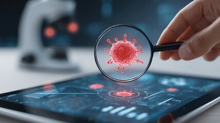 Microscopic Marvel: A scientific exploration of a magnified virus, symbolizing the intricate world of microbiology and the fight against disease. 