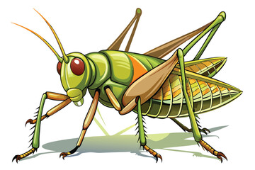 Detailed Illustration of a Grasshopper Standing on a Light Green Surface Depicting Its Unique Anatomy and Striking Color Palette