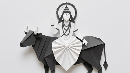 Paper Craft Depiction of a Deity on a Black and White Cow against a White Background